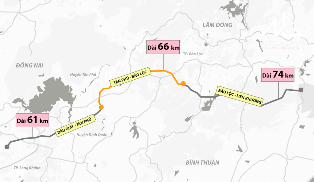 Bản đồ thể hiện đoạn cao tốc Tân Phú Bảo Lộc