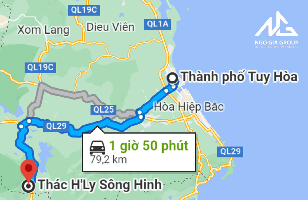 Bản đồ đường đi từ TP Tuy Hòa đến thác H'Ly Phú Yên